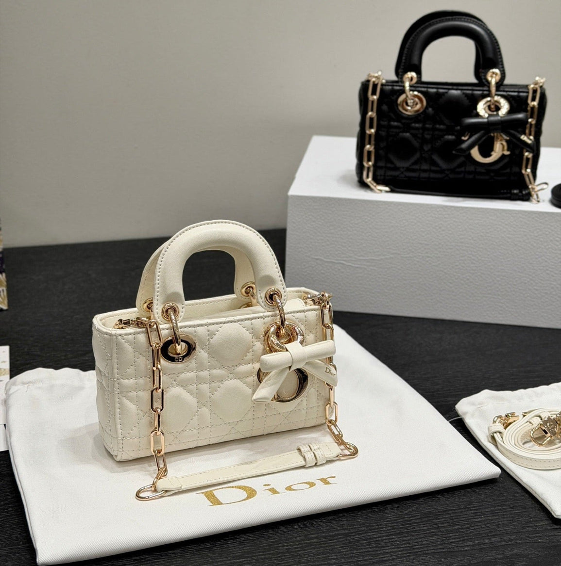 Dior Lady D-JOY sheepskin products (in white and black), mini size Bags