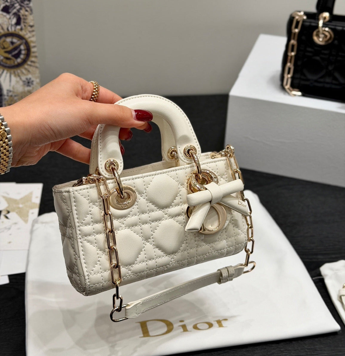 Dior Lady D-JOY sheepskin products (in white and black), mini size Bags