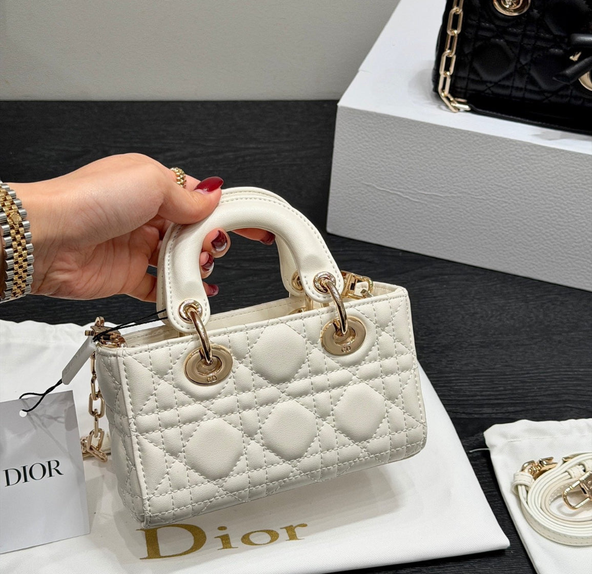 Dior Lady D-JOY sheepskin products (in white and black), mini size Bags