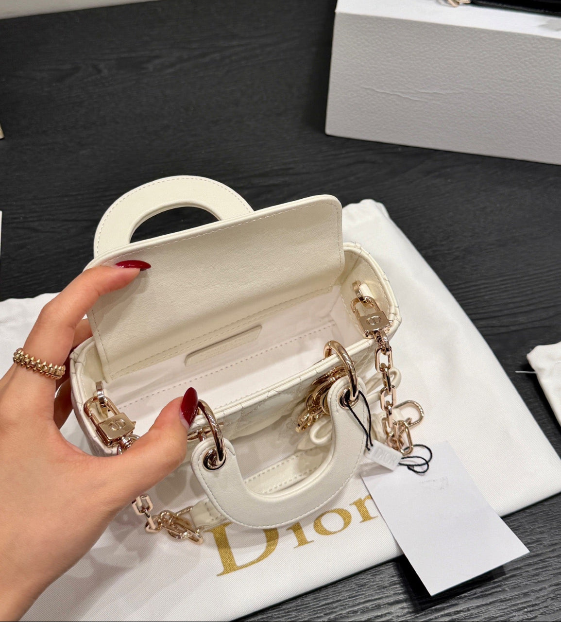 Dior Lady D-JOY sheepskin products (in white and black), mini size Bags