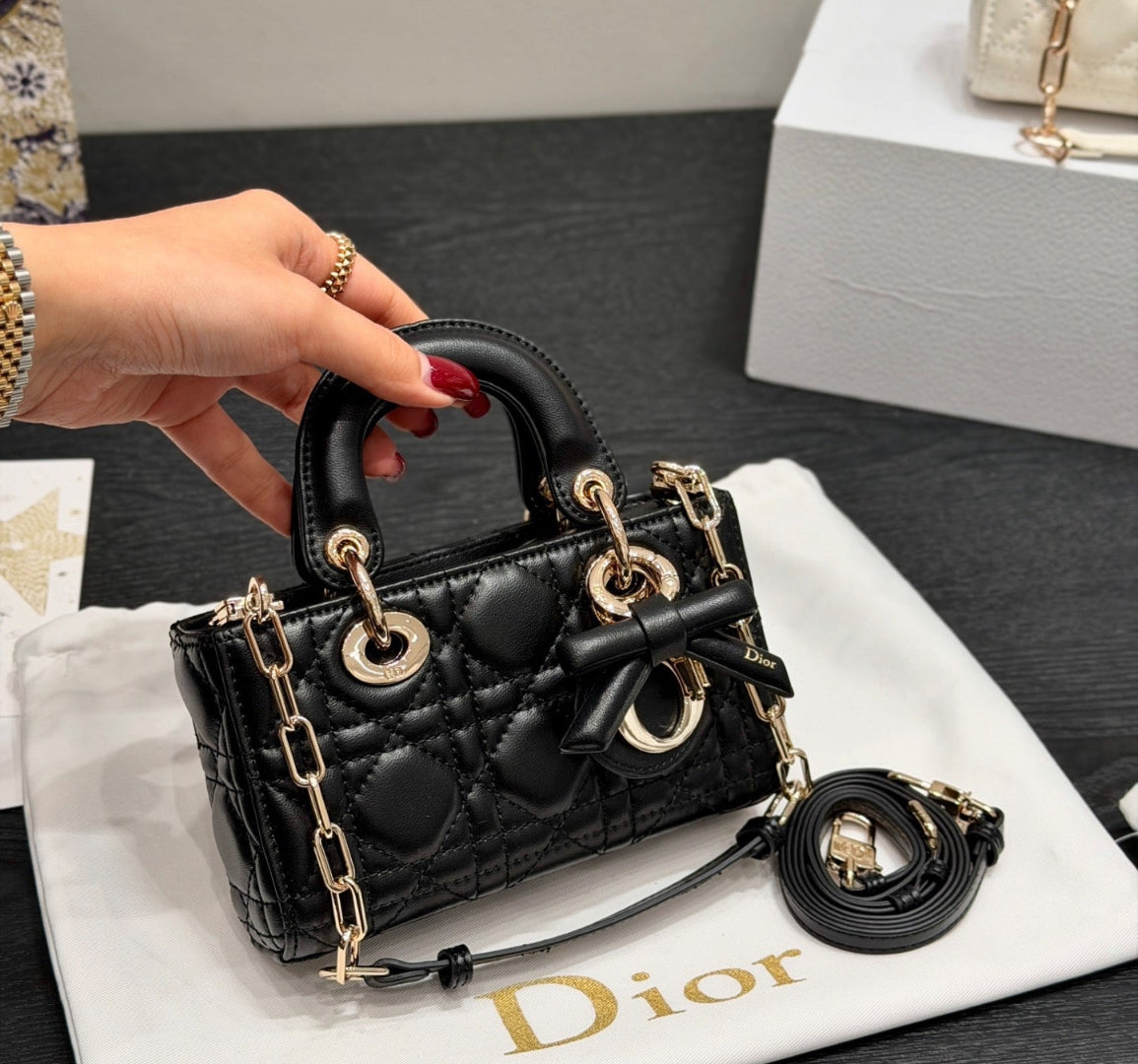 Dior Lady D-JOY sheepskin products (in white and black), mini size Bags