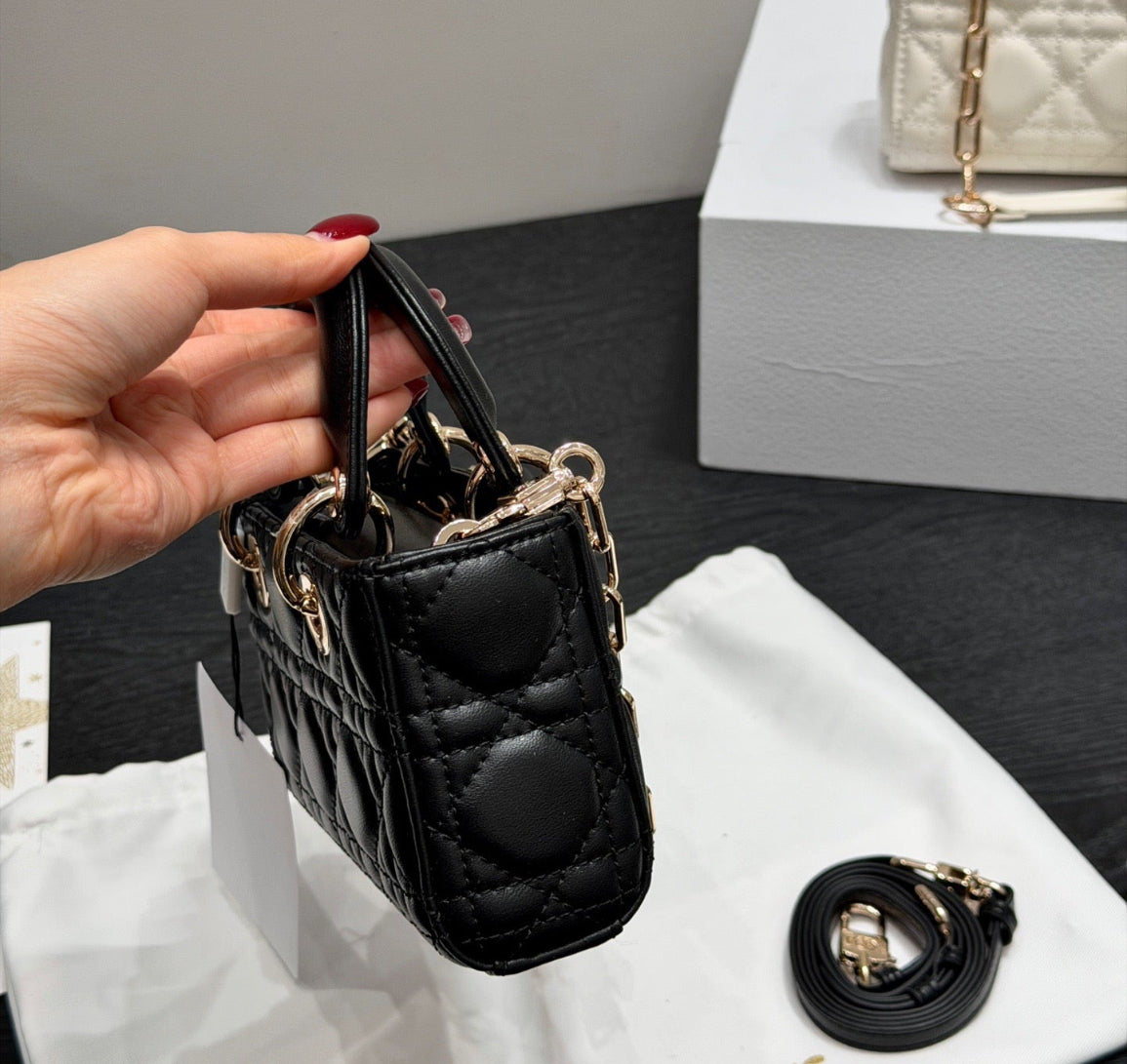 Dior Lady D-JOY sheepskin products (in white and black), mini size Bags